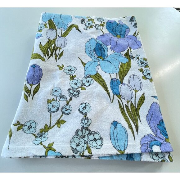 Vintage 70s flannel top/flat sheet, blue purple iris, double/full size bed - Picture 9 of 10
